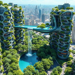 Futuristic bionic design of high-rise buildings featuring facades adorned with flowing lines, each balcony showcasing lush trees