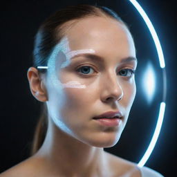 A sophisticated mirror scanning a human face with futuristic holographic technology, outlining facial features and analysing skin condition.