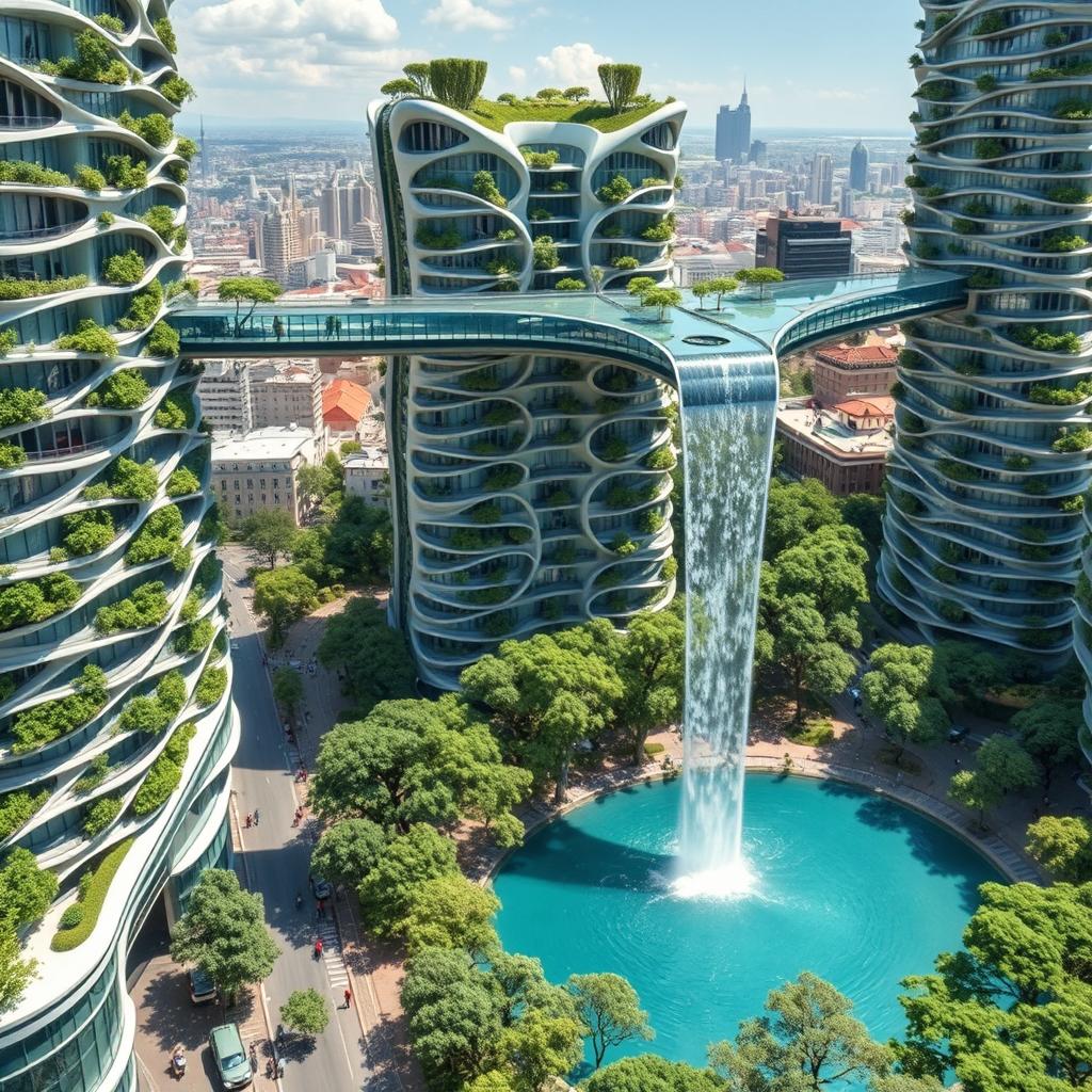 Futuristic bionic design of high-rise buildings featuring facades adorned with flowing lines, each balcony showcasing lush trees