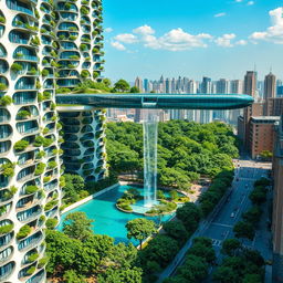 Futuristic bionic design of high-rise buildings featuring facades adorned with flowing lines, each balcony showcasing lush trees