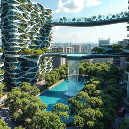 Futuristic bionic design of high-rise buildings featuring facades adorned with flowing lines, each balcony showcasing lush trees