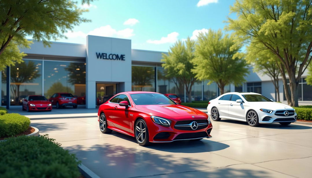 A vibrant car dealership scene showcasing two shiny red cars and one sleek white car parked prominently