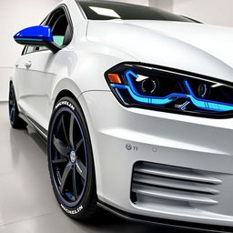 A 2019 Volkswagen Golf GTI in white with striking blue detailing