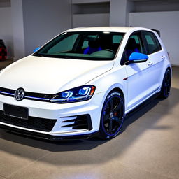 A 2019 Volkswagen Golf GTI in white with striking blue detailing