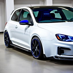 A 2019 Volkswagen Golf GTI in white with striking blue detailing