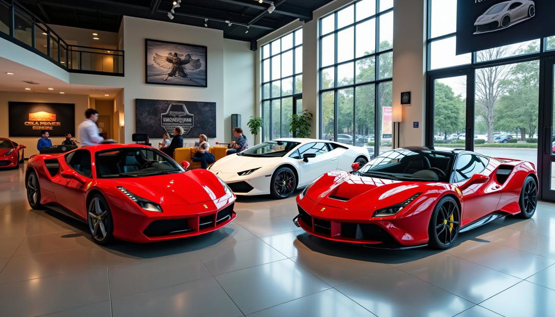 An upscale indoor car dealership featuring two stunning red Ferraris and one sleek white Lamborghini displayed prominently on a polished showroom floor