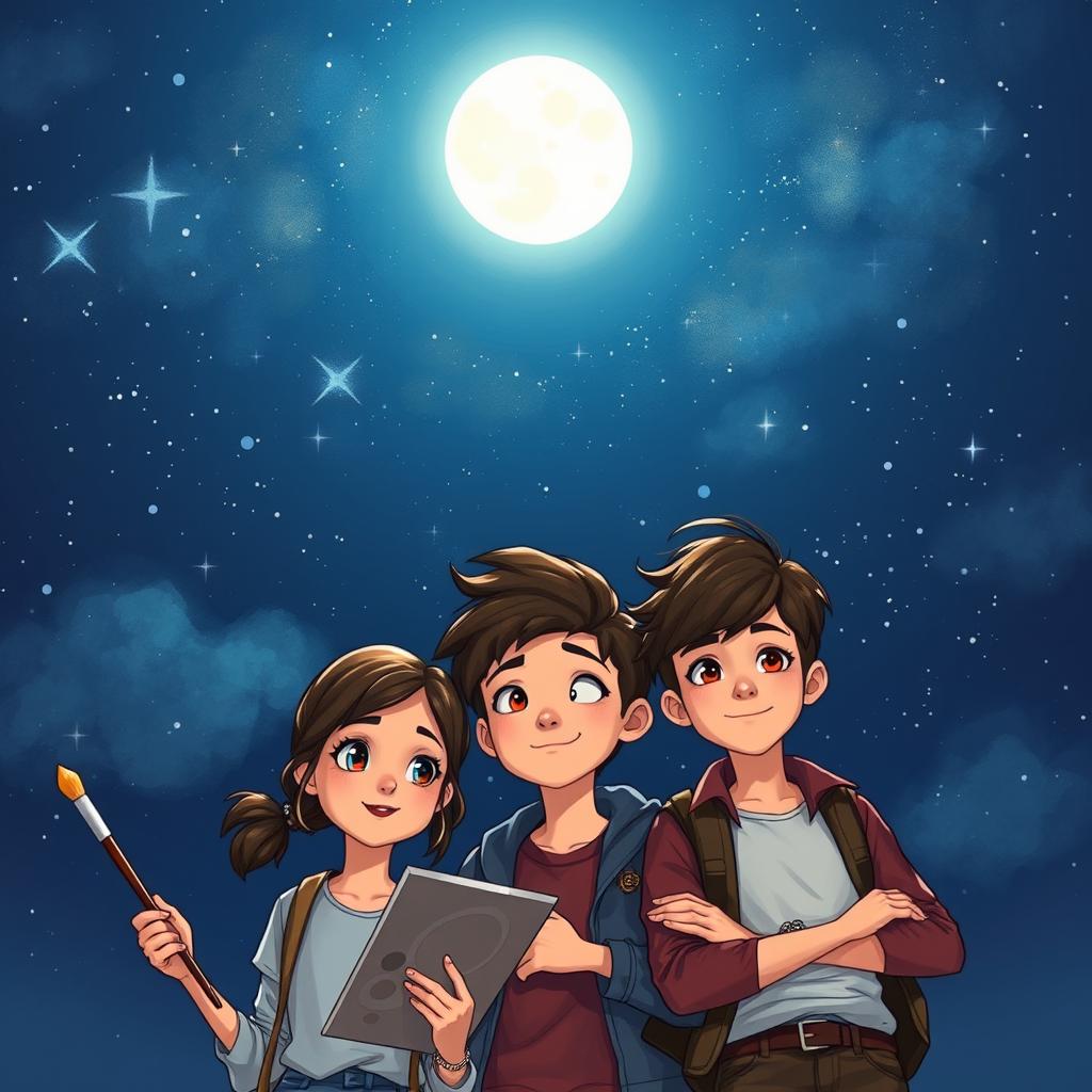 In a realistic nighttime setting, a starry sky creates a magical backdrop with a bright moon rising prominently in the center, symbolizing hope and self-discovery