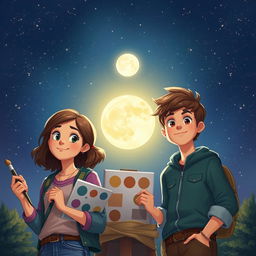 In a realistic nighttime setting, a starry sky creates a magical backdrop with a bright moon rising prominently in the center, symbolizing hope and self-discovery