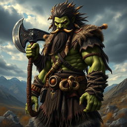 A fierce barbarian semi-orc warrior standing proudly in a rugged landscape