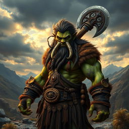 A fierce barbarian semi-orc warrior standing proudly in a rugged landscape