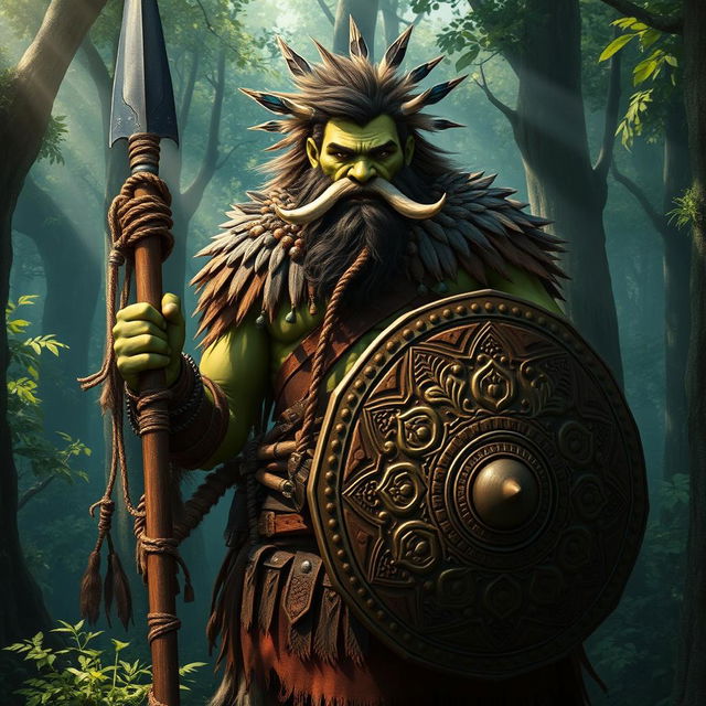 A noble semi-orc barbarian protector, standing tall and resolute in a dense forest setting