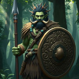 A noble semi-orc barbarian protector, standing tall and resolute in a dense forest setting