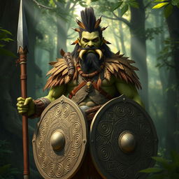 A noble semi-orc barbarian protector, standing tall and resolute in a dense forest setting