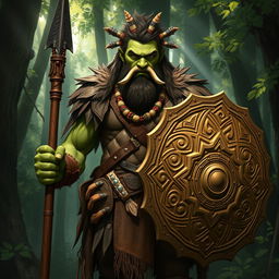 A noble semi-orc barbarian protector, standing tall and resolute in a dense forest setting