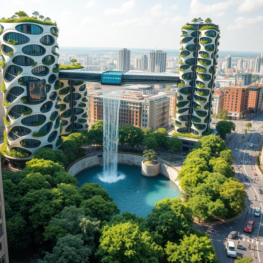 Futuristic bionic design of high-rise buildings featuring facades adorned with flowing lines, with greenery spilling from balconies filled with trees