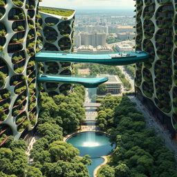 Futuristic bionic design of high-rise buildings featuring facades adorned with flowing lines, with greenery spilling from balconies filled with trees