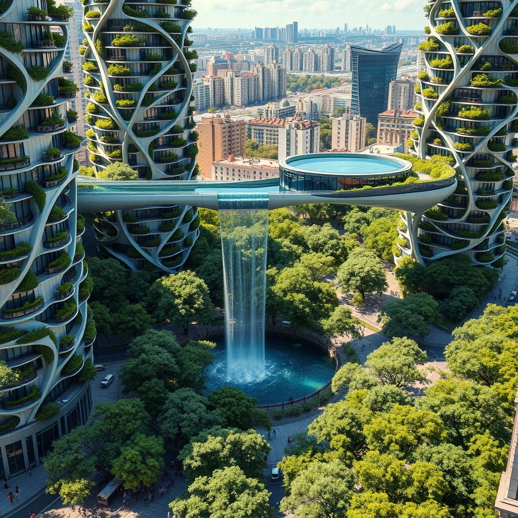 Futuristic bionic design of high-rise buildings featuring facades adorned with flowing lines, with greenery spilling from balconies filled with trees