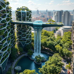 Futuristic bionic design of high-rise buildings featuring facades adorned with flowing lines, with greenery spilling from balconies filled with trees