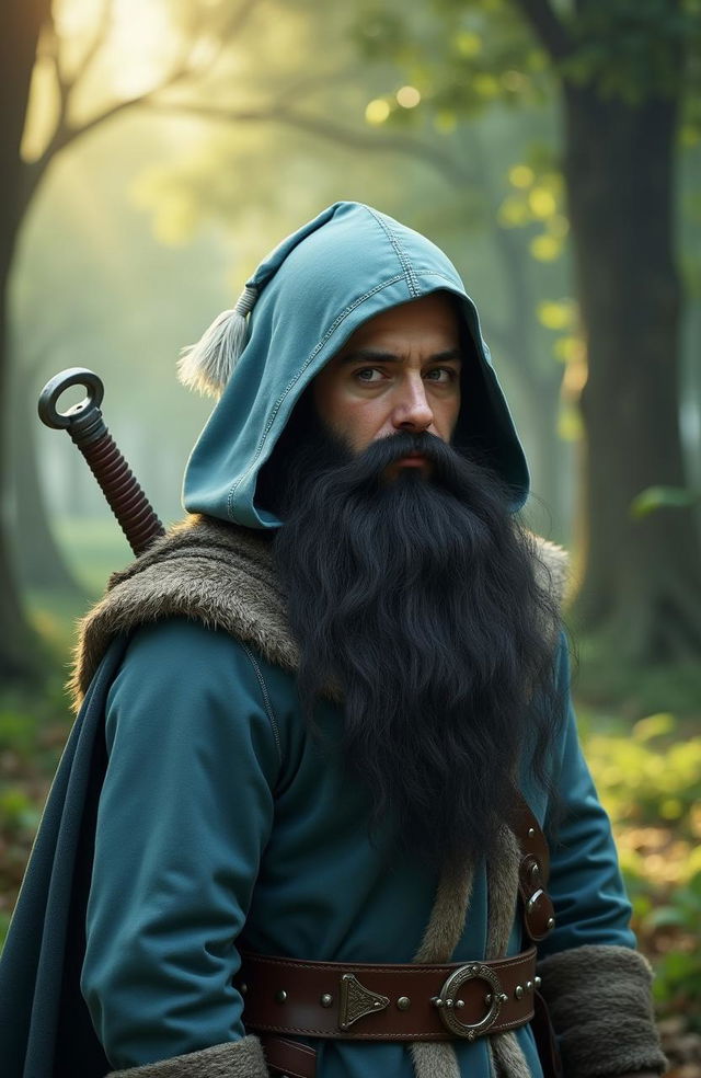 A hyper-realistic live-action image of a short fantasy Dwarf inspired by Thorin Oakenshield from The Hobbit