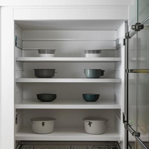 Compact but roomy double shelving units, not touching the ceiling, perfectly suited for an L-shaped kitchen.