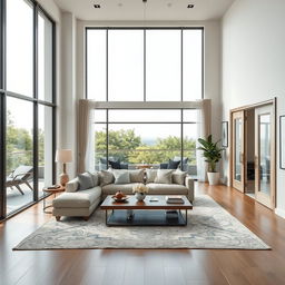 A beautifully designed living room in a modern style, featuring a rectangular shape