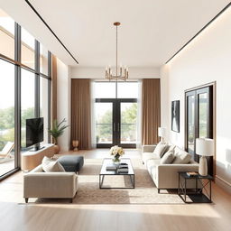 A beautifully designed living room in a modern style, featuring a rectangular shape