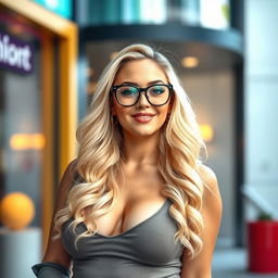 A voluptuous blonde woman wearing stylish glasses, showcasing her confidence with a playful expression