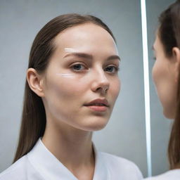 An interactive mirror with cutting-edge facial scanning technology, identifying and notifying the individual's skin type directly on its glossy surface.