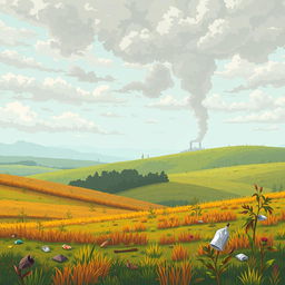 A pixel art scene of a polluted prairie with visible contamination in the air