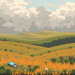 A pixel art scene of a polluted prairie with visible contamination in the air