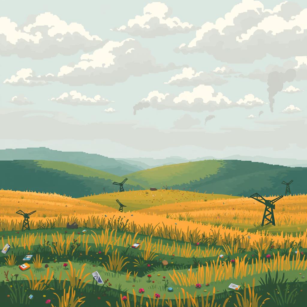 A pixel art scene of a polluted prairie with visible contamination in the air