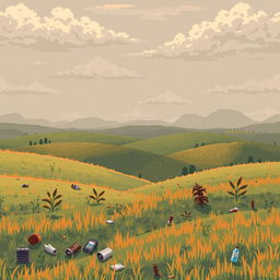 A pixel art scene of a polluted prairie with visible contamination in the air