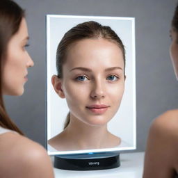 An interactive mirror with cutting-edge facial scanning technology, identifying and notifying the individual's skin type directly on its glossy surface.