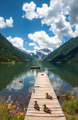 A serene landscape featuring a tranquil lake surrounded by lush green mountains under a bright blue sky with fluffy white clouds