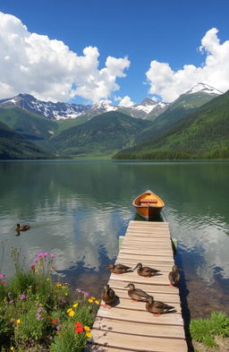 A serene landscape featuring a tranquil lake surrounded by lush green mountains under a bright blue sky with fluffy white clouds