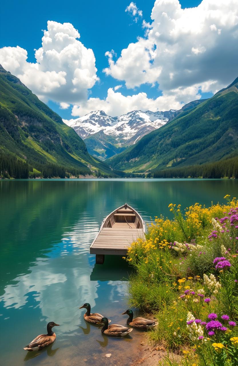 A serene landscape featuring a tranquil lake surrounded by lush green mountains under a bright blue sky with fluffy white clouds