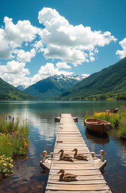 A serene landscape featuring a tranquil lake surrounded by lush green mountains under a bright blue sky with fluffy white clouds