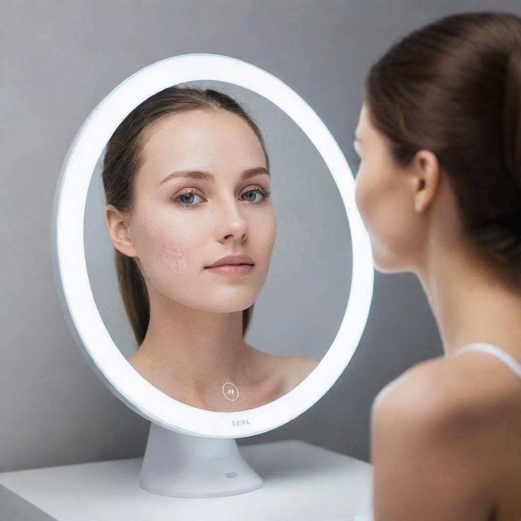 A sophisticated mirror with advanced facial scanning technology, analyzing skin condition and spontaneously recommending personalized skin-care products on its glossy surface.