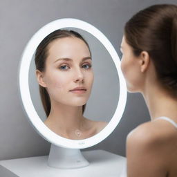 A sophisticated mirror with advanced facial scanning technology, analyzing skin condition and spontaneously recommending personalized skin-care products on its glossy surface.