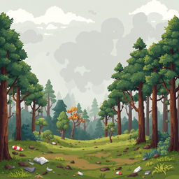 A pixel art scene of a temperate forest with visible air pollution