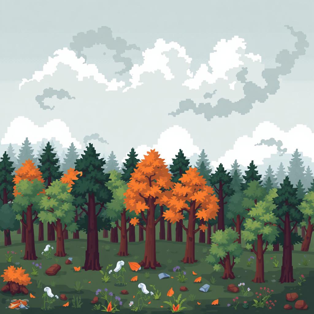 A pixel art scene of a temperate forest with visible air pollution