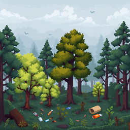 A pixel art scene of a temperate forest with visible air pollution