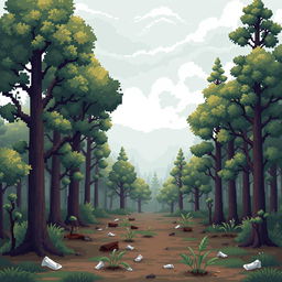 A pixel art scene of a temperate forest with visible air pollution