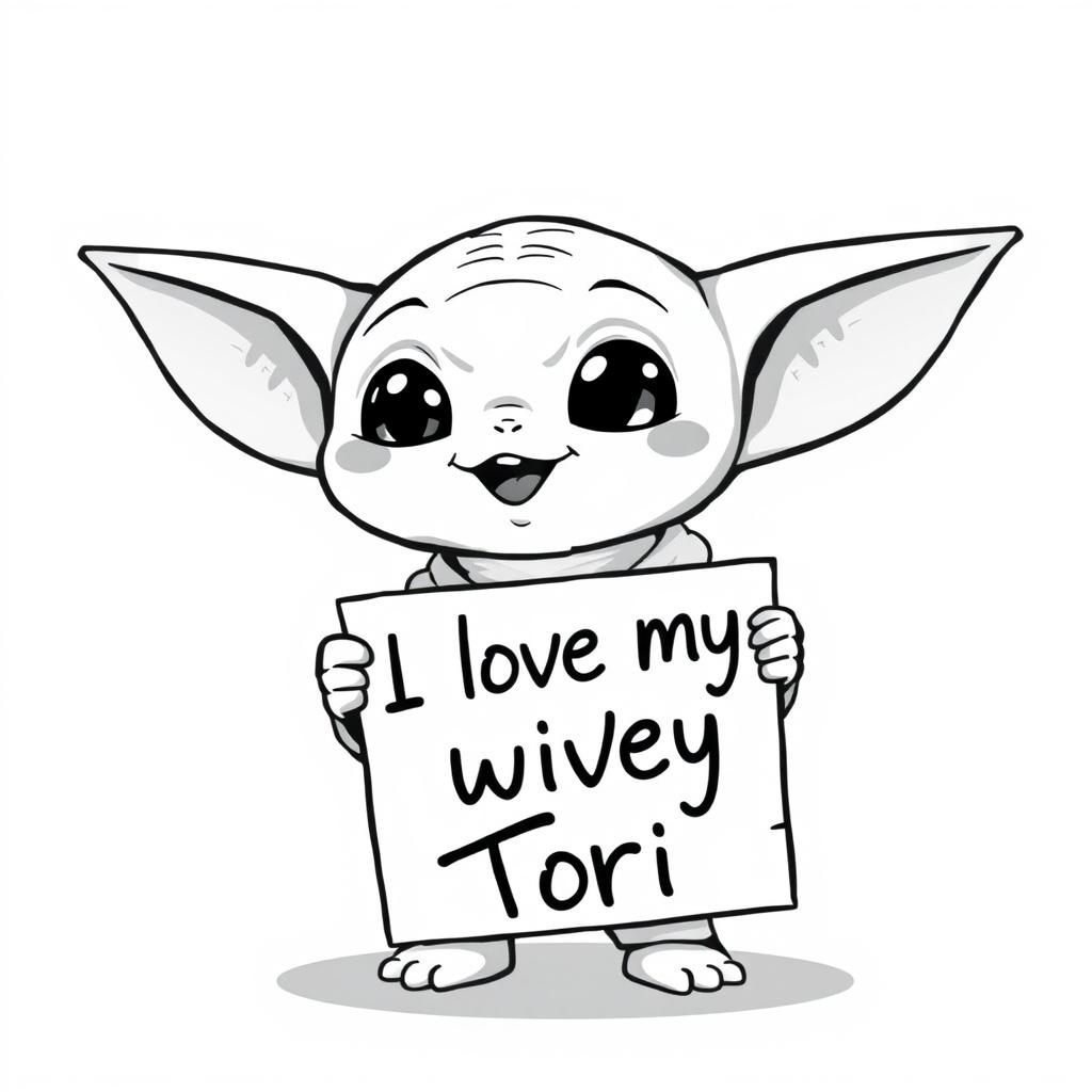 A black and white cartoon character illustration of a small, adorable alien creature resembling Baby Yoda, with large ears and expressive eyes