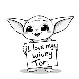 A black and white cartoon character illustration of a small, adorable alien creature resembling Baby Yoda, with large ears and expressive eyes