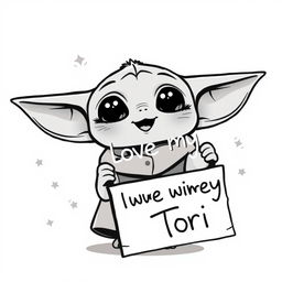 A black and white cartoon character illustration of a small, adorable alien creature resembling Baby Yoda, with large ears and expressive eyes