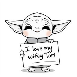 A black and white cartoon character illustration of a small, adorable alien creature resembling Baby Yoda, with large ears and expressive eyes