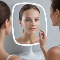 A sophisticated mirror with advanced facial scanning technology, analyzing skin condition and spontaneously recommending personalized skin-care products on its glossy surface.