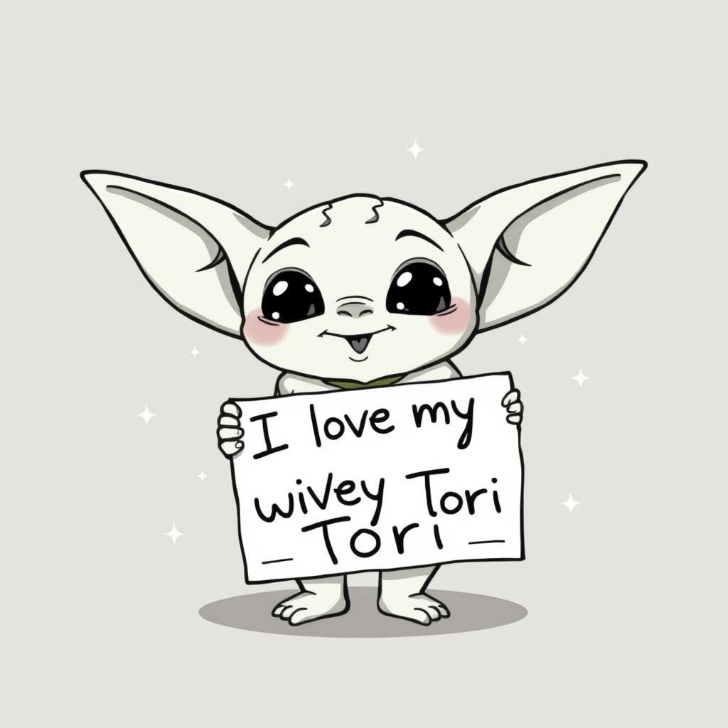 A black and white cartoon character illustration of a small, adorable alien creature resembling Baby Yoda, with large ears and expressive eyes