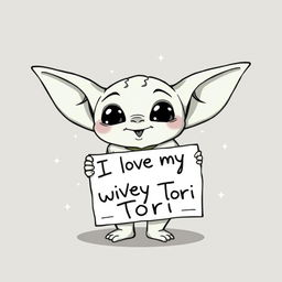 A black and white cartoon character illustration of a small, adorable alien creature resembling Baby Yoda, with large ears and expressive eyes